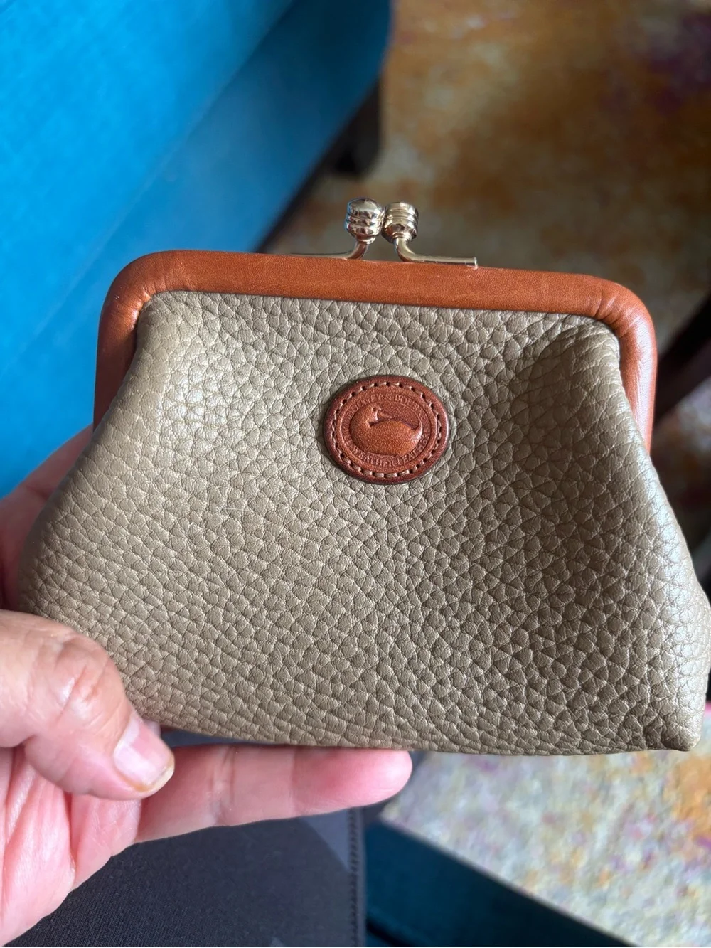 Dooney & Bourke Taupe Pebble Leather Coin Purse with Tan Trim